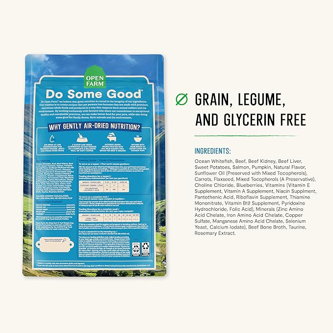 Open Farm, Air Dried Dog Food Infused with Bone Broth, Grain & Legume Free, Complete Meal or Food Topper, Surf & Turf Recipe, 2lb Bag