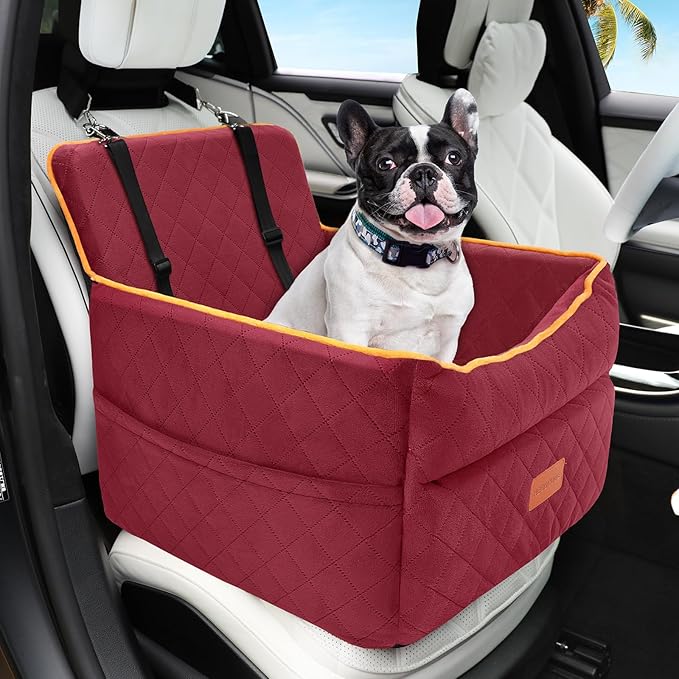 Dog Car Seat for Small Medium Dogs, Memory Foam Puppy Dog Booster Seat with Thick Cushion for Dogs Under 35lbs, Detachable Washable Pet Car Seat Travel Bed with Storage Pockets,2 Safety Belts