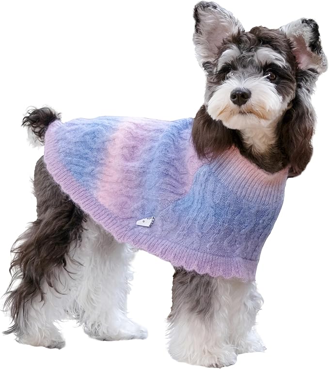 Rainbow Mohair Dog Poncho, Cold Weather Cable Dog Sweater for Small Dogs, Classic Turtleneck Thick Puppy Clothes with Leash Hole DS93S