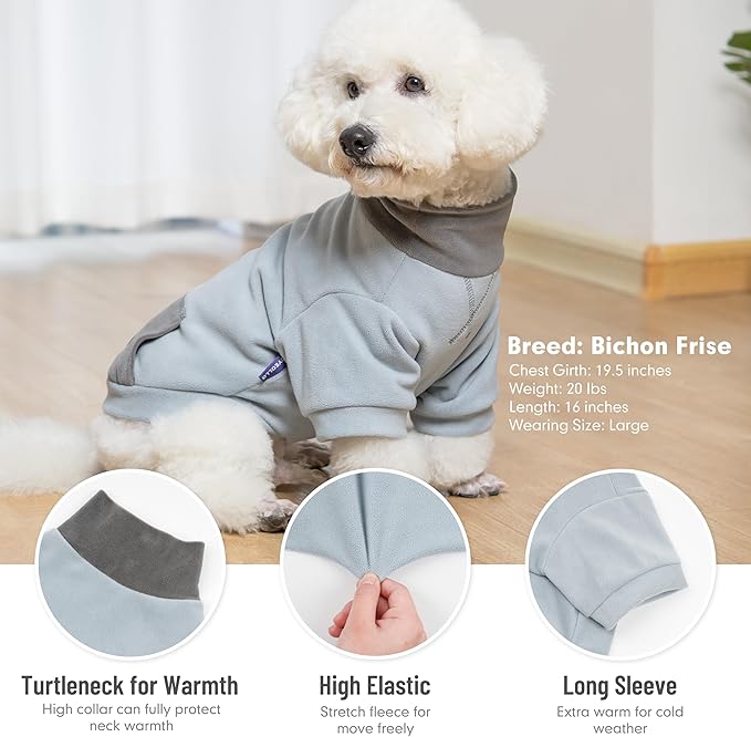 cyeollo Fleece Dog Sweater, Warm Turtleneck Doggy Sweaters in Cold Weather Small Dog Sweater Boy & Girl Soft Stretchy Pullover Sweatshirt Pet Clothes with Sleeves, Light Blue L