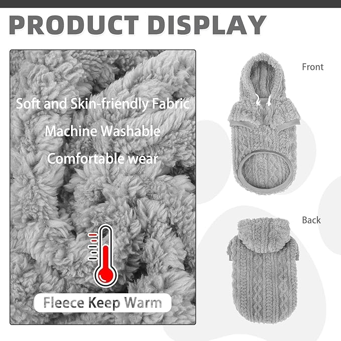 KOOLTAIL Fleece Dog Sweater Hoodie for Small Medium Large Dogs - Super Soft Fall Dog Clothes Knitted Sweatshirt with Leash Hole, Warm Winter Cold Weather Pet Coat for Puppy Cats Male/Female Grey SM