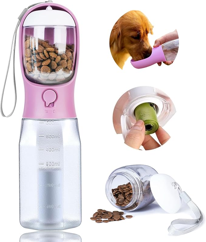 Dog Water Bottle with Food Container, Portable Pet Dog Water Dispenser for Outdoor Walking,Hiking,Travel,Puppy Essentials,Puppy Supplies,Replaceable Waste Bags
