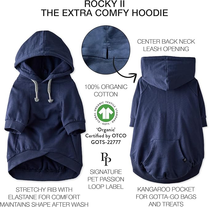 Rocky II - The Extra Comfy Hoodie, Organic Cotton and Recycled Poly Dog Hoodie Pet Coat Sweater for Small, Medium, Large Dogs, Navy, Medium