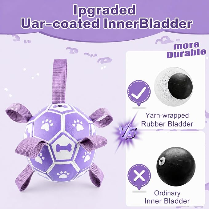 Dog Soccer Ball with Straps, 6 Inch Herding Dog Ball Toys Dog Birthday Toy, Balls for 20-40lbs Dogs, Outdoor Puppy Toys for Small Medium Dogs, Interactive Toy for Tug, Water Toy Ball,Purple