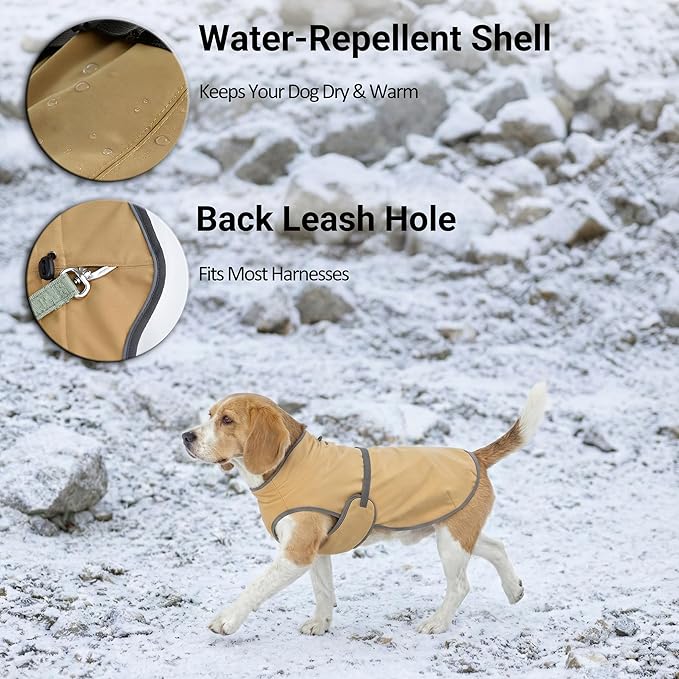 Water-Repellent Dog Winter Vest, Fleece Lined Warm Jacket for Hiking & Running, Adjustable Athletic Fit with Anti-Slip Leg Straps for Active Dogs (Brown, Large)