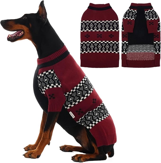 IECOii XXL Dog Sweater for Large Dogs Boy, Pitbull Sweater for Dogs Boy with Sleeve, Warm Male Fall Knitwear Mid Neck Pullover,Cozy & Elastic Dog Winter Sweaters for Cold Days, DarkRed, 2XL
