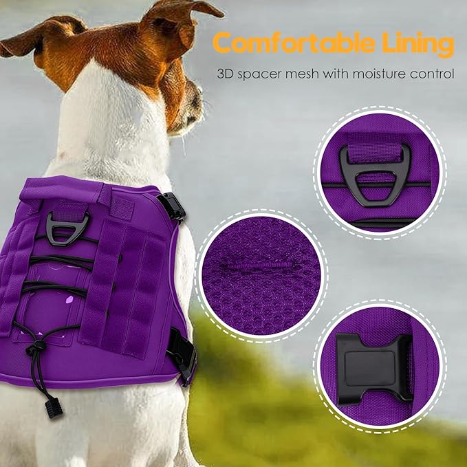Heavy-Duty Tactical Dog Harness for Large Dogs, No Pull Adjustable Reflective Pet Vest with Molle System, K9 Military-Grade Control for Service Training, Outdoor & 10+ Breeds, Purple, Large