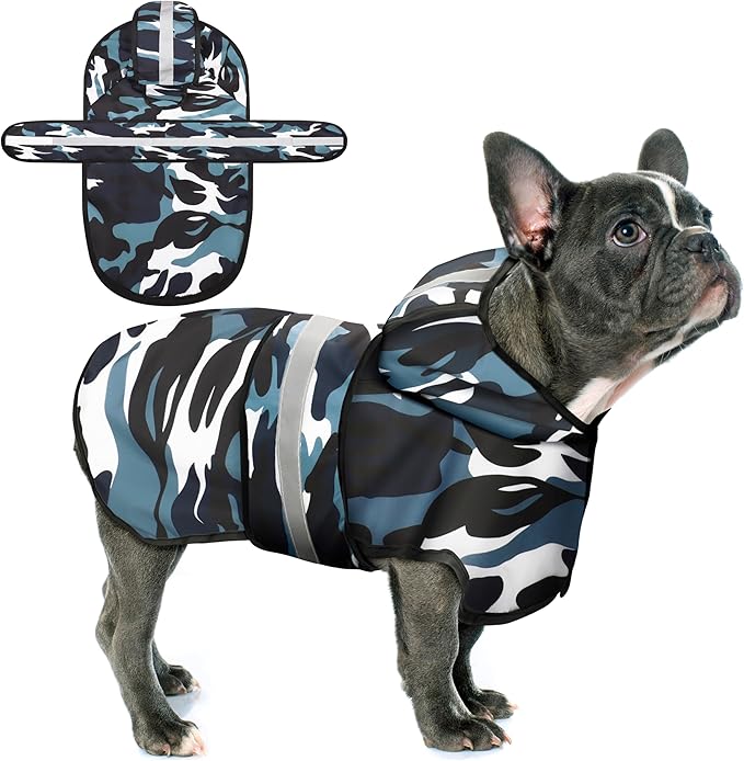 Paiaite Dog Raincoat: Hooded Slicker Poncho, Durable Waterproof Jacket with Reflective Stripes for Safety, Convenient Leash Hole Adjustable Fit, Perfect for Small, Medium Large Dogs Blue Camo 2XL