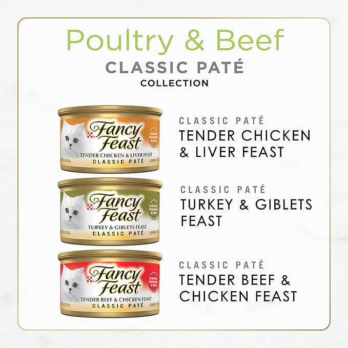 Fancy Feast Poultry and Beef Feast Classic Pate Collection Grain Free Wet Cat Food Variety Pack - (Pack of 30) 3 oz. Cans