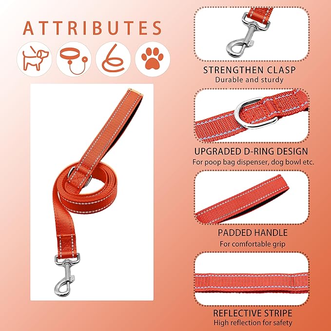 Reflective Dog Collar with Safety Locking Buckle, Adjustable Soft Breathable Nylon Collars for Small, Medium and Large Dogs(Collar+Leash M Orange)