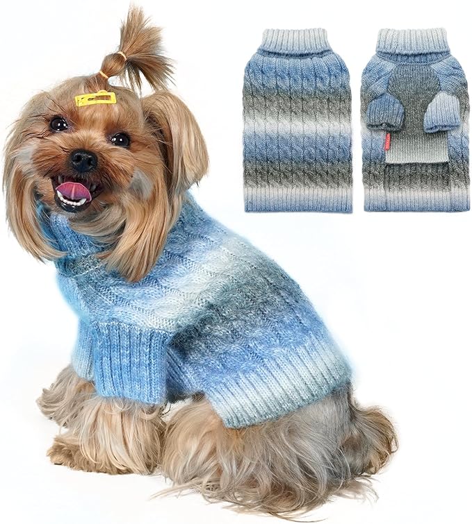 KYEESE Dog Sweater Cable Knit Thick Dog Knitwear Turtleneck Warm with Sleeves Dogs Sweater for Medium Dogs Gradient Color, Blue, XXLarge