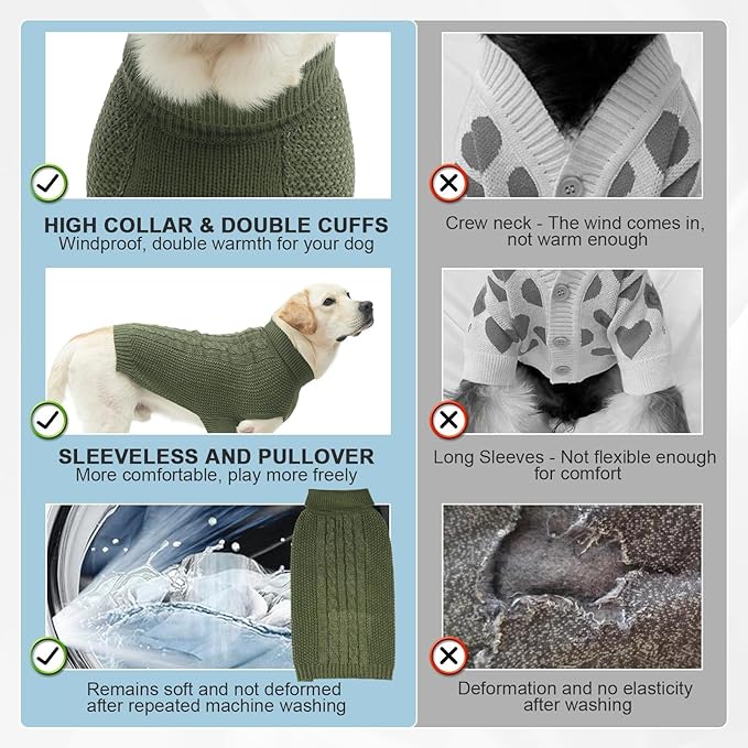 Large Dog Sweater, Classic Cable Knit Warm Dog Sweatshirt with Reflective Yarn for Girl Boy, Halloween Fall Winter Coat Turtleneck Pullover Clothes Apparel for Small Medium Large Dogs, Green L