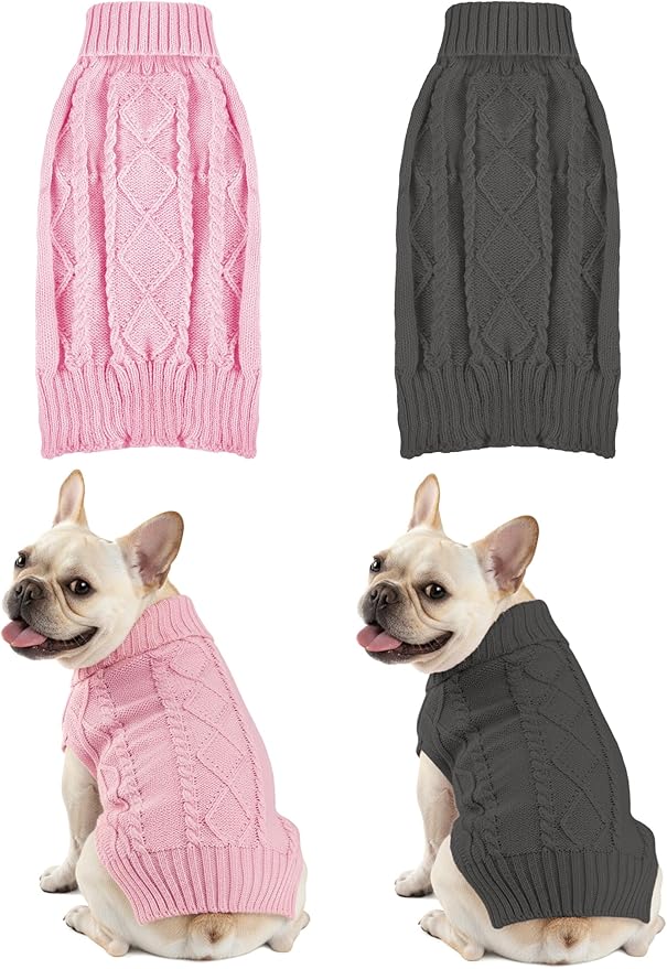2PCS Dog Christmas Sweater, Soft Warm Pet Clothes Coat for Small Medium Large Dogs and Cats Boy Girl, Fall Cozy Holiday Turtleneck Knitting Collar Pullover Pup Outfit Costume for Thanksgiving New Year