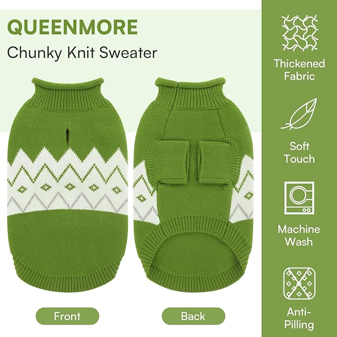 Queenmore Warm Dog Sweater, Soft Pet Knitwear, Knitted Pullover, Winter Pet Clothes for Small Medium Dogs Cats Green
