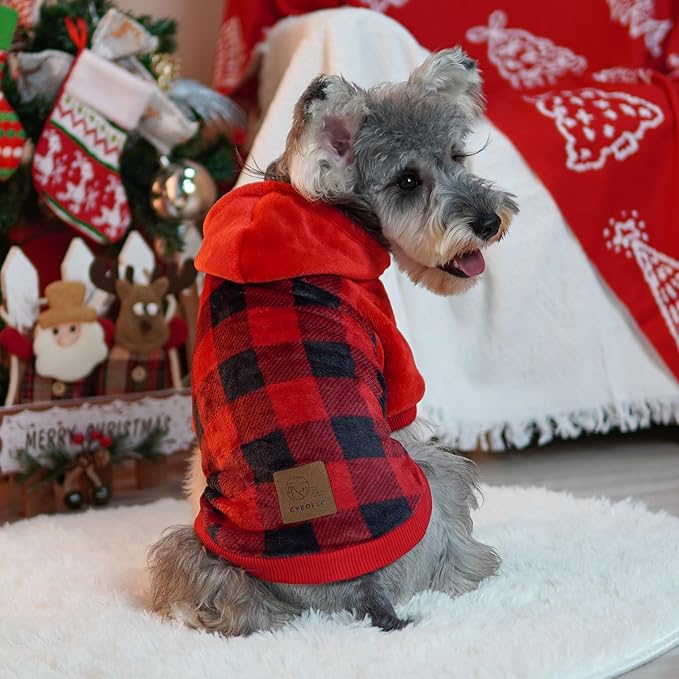 cyeollo Dog Sweater Christmas Hoodie Buffalo Plaid Flannel Sweatshirt Winter Thermal Warm Dog Clothes Pet Hoodies for Small Dogs with Leash Hole