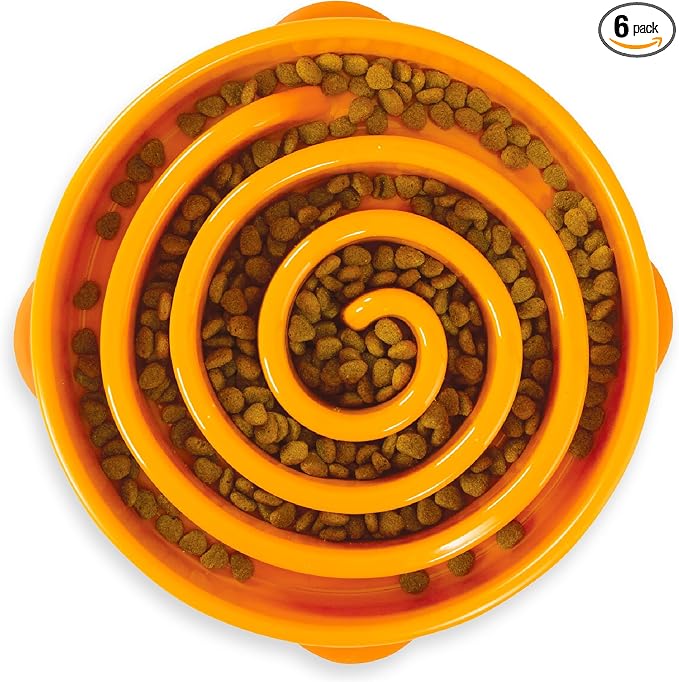 Outward Hound Fun Feeder Slo Bowl – Large 4‑Cup Capacity,Slow Feeding,Medium to Large Dogs,Non‑Slip,Orange,Swirl Pattern,(Pack of 6)