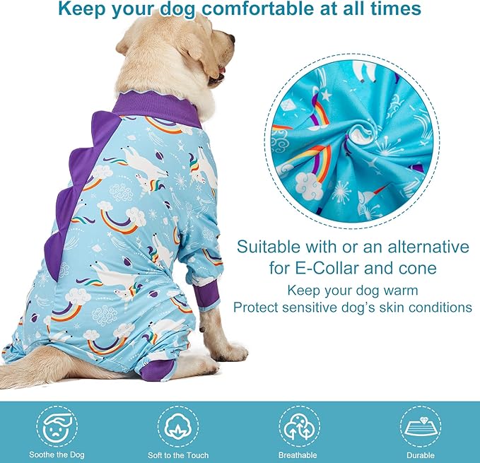 LovinPet Large Dog Pajamas: Anti Licking Dog Recovery Clothes, Lightweight Onesie, Starlight Rainbow/Wild Horse Prints Mastiff Pajamas, UV Protection, Adorable pet PJ's/XL