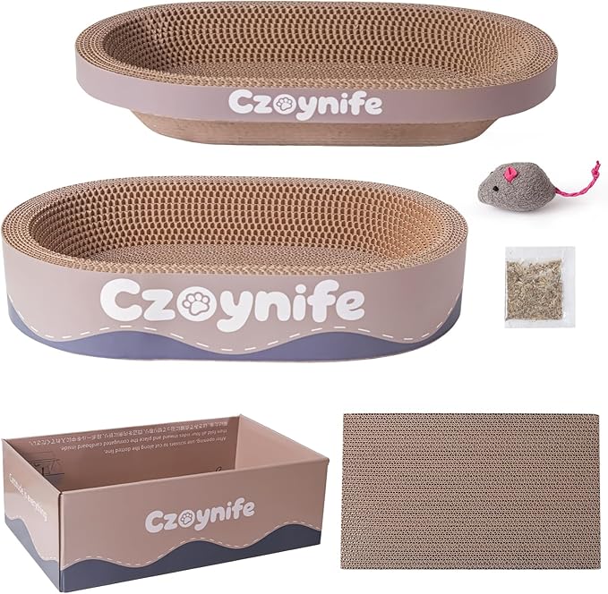Czoynife 3PCS Cat Scratcher Cardboard, Oval Cat Scratch Pad Bowl Nest for Indoor Cats, Round Cat Scratching Board Corrugated Lounge Cat Bed, Furniture Protector for Couch (Coffee, 17 * 11.5 in)
