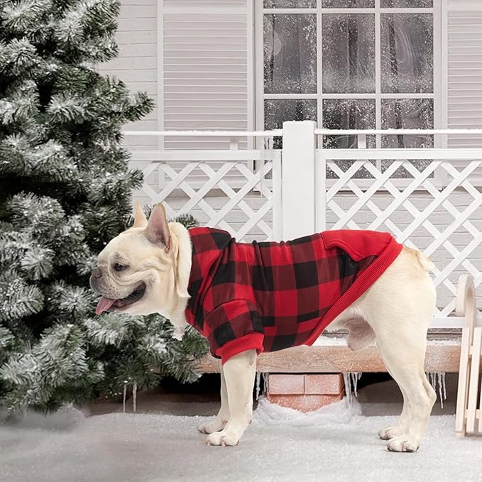 KOOLTAIL Dog Christmas Hoodie for Small Medium Large Dogs - Red Plaid Dog Christmas Outfit Sweater with Hat & Pocket for Cold Winter,Warm Soft Hooded Sweatshirt Clothes for Puppy Cats Girl Boy XL/XXL