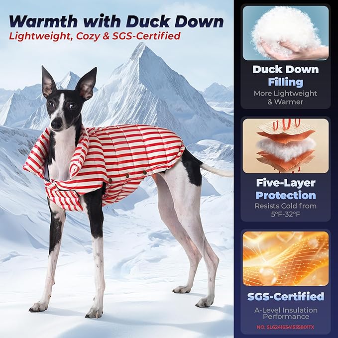 SPACE LION Dog Puffer Jacket, Down Winter Coat, Durable Outdoor Coat for Cold and Windy Conditions, Lightweight & Adjustable Fit Coats for Large Dogs, (RedStripe, Size28/4XL)