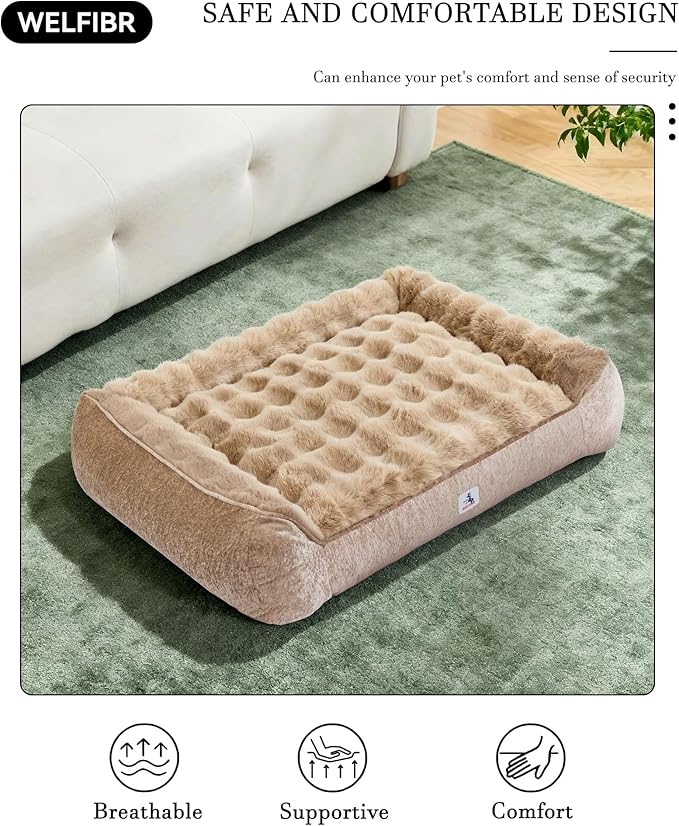 Welfibr Fluffy Faux Fur XL Dog Bed Large Sized Dog Washable Rasied Dog Bed Orthopedic Dog Beds with Sides Noiseless Supportive Dog Couch Anti-Slip Comfort Pet Beds with Removable Cover Brown 48"