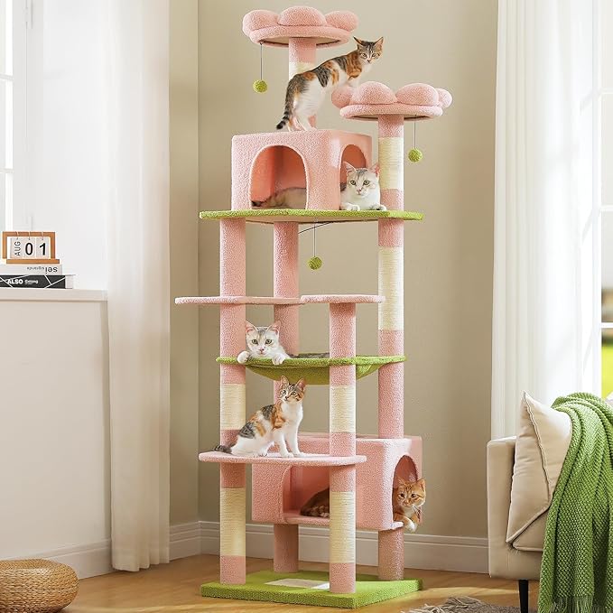 PAWZ Road Flower Cat Tree for Large Cats, 81 Inches Pink Tall Cat Tower with 2 Perches, 2 Condos and Spacious Hammock, XL Extra Large Condo with 7 Scratching Posts for 20lb+ Adult Cats
