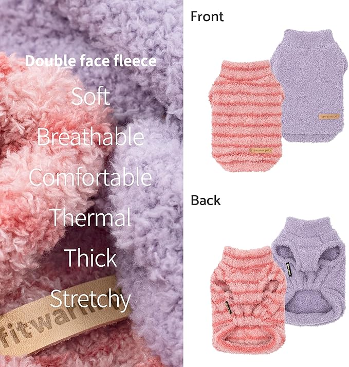 Fitwarm 2 Pack Striped Fleece Dog Sweater, Warm Winter Clothes for Small Dogs Boy Girl, Fuzzy Pet Outfit, Pink, Lavender Purple, Large
