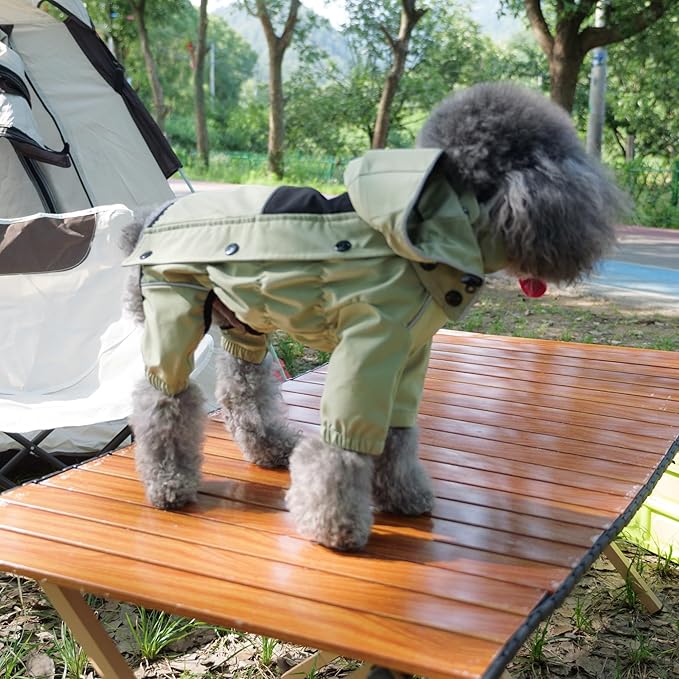 LOVELONGLONG Waterproof Dog Raincoat with Removable Hood – Outdoor Full Body Dog Jacket, Windproof Snowproof Shell Suit – All Season Pet Rain Gear Sage Green S+