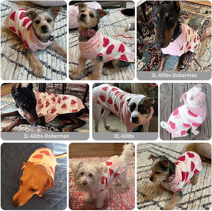 KYEESE Valentines Dog Sweater, Turtleneck Small Dog Sweater, Warm Pet Clothes with Heart Print, Stretchy Pullover Dogs Sweaters for Small Dogs, Comfy Pet Coat with Leash Hole, S