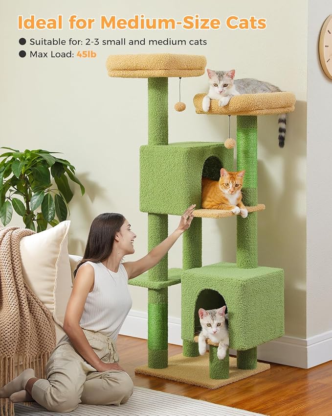 MUTTROS Cactus Cat Tree, 52.4" Cat Tower for Indoor Cats, Cute Cat Tree with 2 Padded Perches, 2 Condos & 2 Scratching Posts, Green