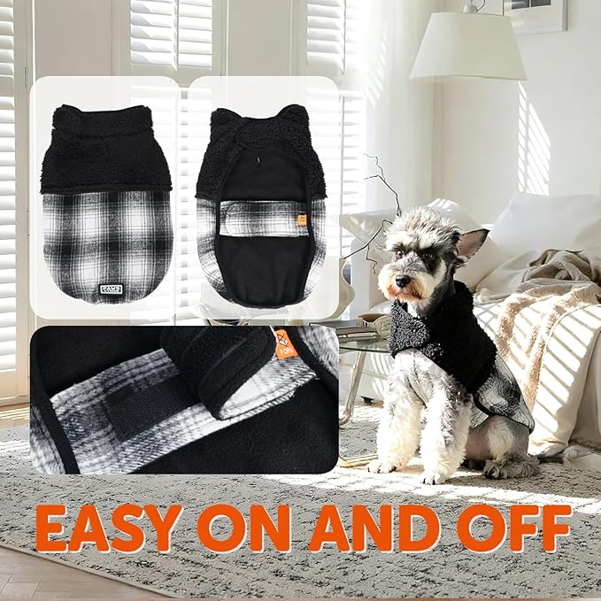 FOFOS Dog Winter Coat, Plush Dog Jacket with Leash Hole, Adjustable Warm Pet Snow Vest for Small Medium Dogs, Black, M