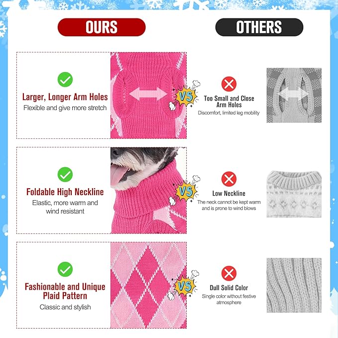 KOOLTAIL Small Dog Sweater, Knit Turtleneck Cold Weather Dog Sweaters for Medium Large Dogs, Soft Diamond Plaid Pullover Knitwear Pet Winter Warm Clothes,Pet Coat Puppy Sweater for Girls Boys,Pink XS