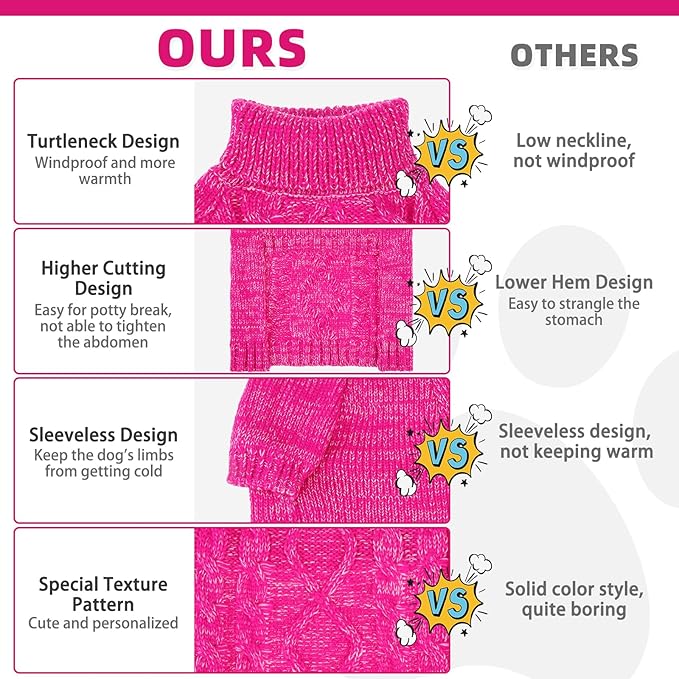 KOOLTAIL Dog Sweater for Large Medium Small Dogs, Fall Dog Sweaters, Turtleneck Cable Knitwear Pet Cold Weather Coats with Leash Hole, Warm Winter Pullover Clothes for Bulldog, Yorkie,Boy Girl, Rose L
