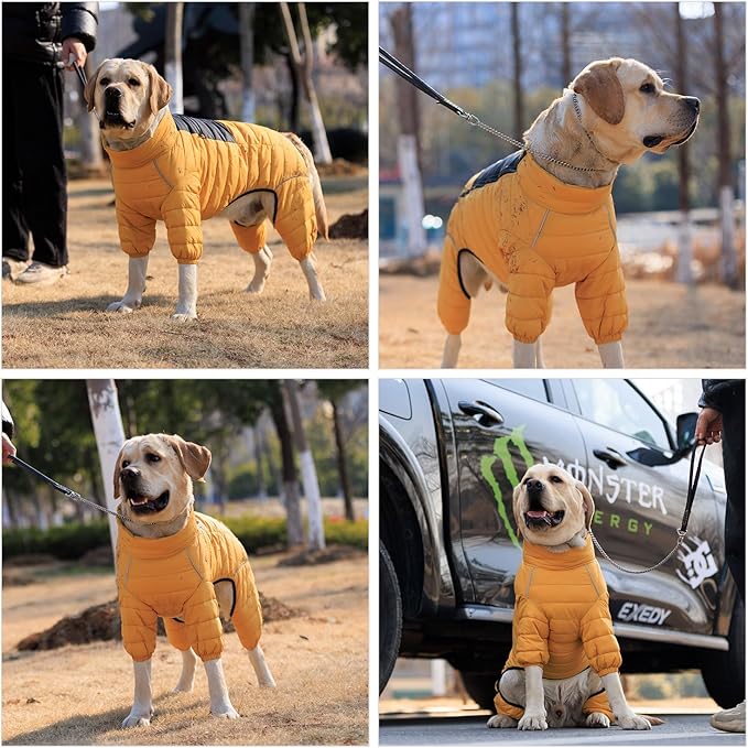 Lovelonglong Dog Coat Dog Warm Jacket, 4 Legs Covered Waterproof Windproof Reflective Warm Dog Vest, Zippered Adjustable Outdoor Dog Snow Jacket for Small Medium Large Dogs Yellow XXL