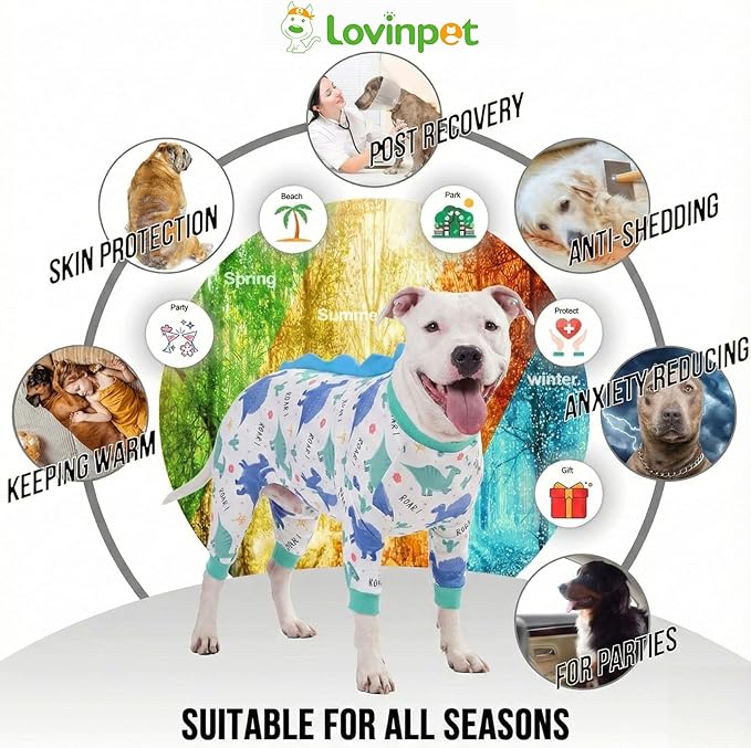 LovinPet Large Dog Pajamas, Four-Leg Stretch Onesie Bodysuit, Lightweight UV-Shielding Pajamas, Anti-Lick Calming Recovery Suit for Surgery, Pull-On for Medium and Large Breeds,White Blue,XXL