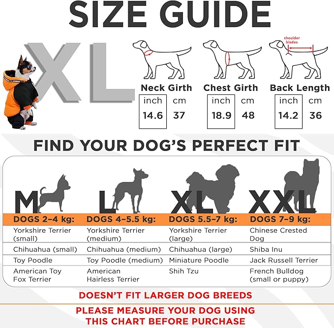 Waterproof Full Body Winter Jacket for Dogs, Dogs Snowsuit, Perfect for Cold Weather, Ideal for Small and Medium Breeds (Orange, XL:Chest 18.9'', Length: 14.2'')