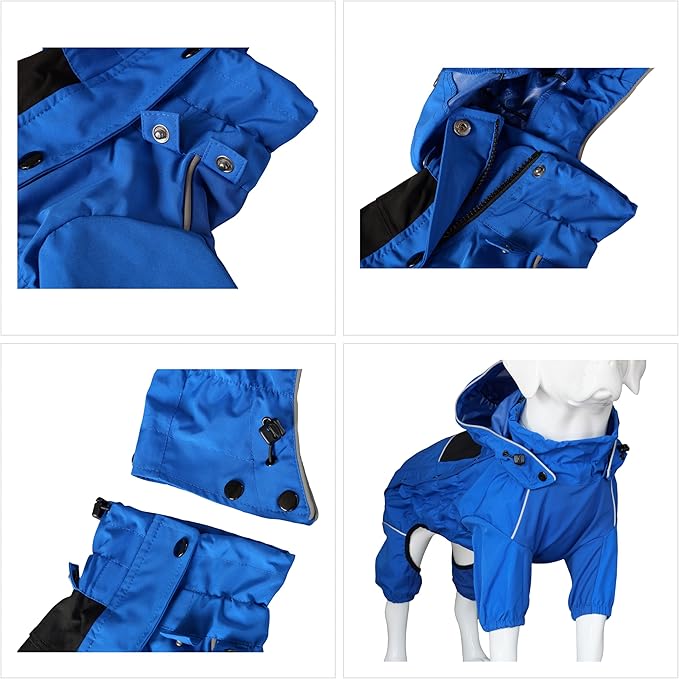 LOVELONGLONG Waterproof Dog Raincoat with Removable Hood – Outdoor Full Body Dog Jacket, Windproof Snowproof Shell Suit – All Season Pet Rain Gear Blue M