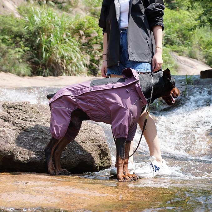 LOVELONGLONG Waterproof Dog Raincoat with Removable Hood – Outdoor Full Body Dog Jacket, Windproof Snowproof Shell Suit – All Season Pet Rain Gear Plum Purple S+