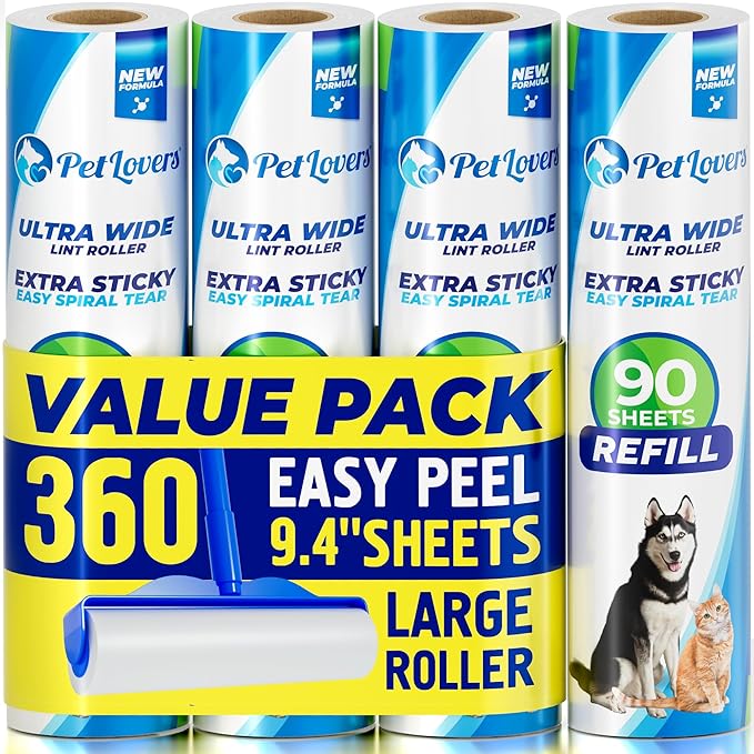 PetLovers Extra Sticky Floor Lint Roller 4 Pack of Refills Only - No Handles Included - 90 Sheets Per Refill 360 Sheets Total