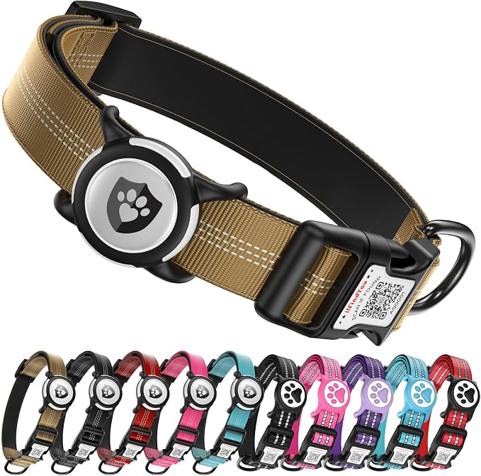 Waterproof AirTag Dog Collar with QR Code Dog Tag, Champagne S | IP68 waterproof, QR code dog tag, Anti-Lost, Online profile, fits XS-L (8"-26"), Padded nylon, Reflective, No App, No Fees