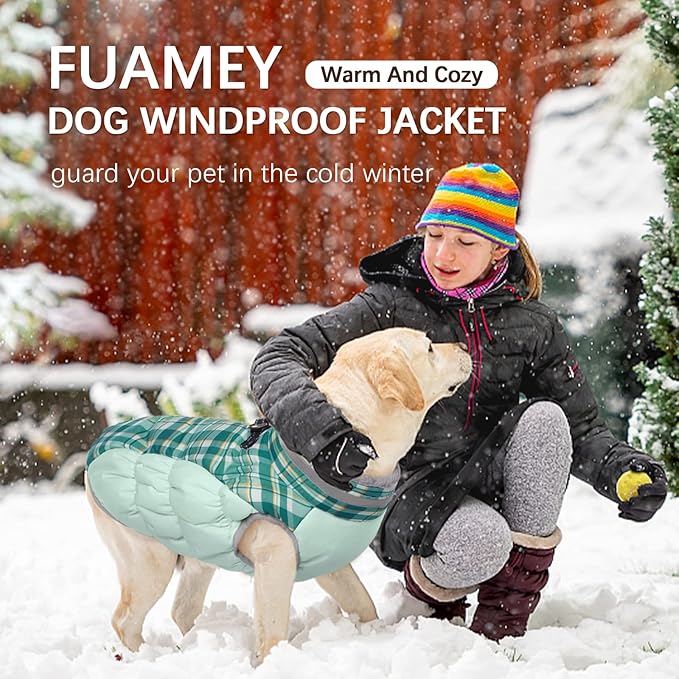 FUAMEY Dog Coat for Large Dogs,Waterproof Dog Winter Jacket with Harness Built in Puppy Cold Weather Coats Reflective Pet Vest with Zipper Warm Fleece Dogs Snowsuit Windproof Green Plaid XL