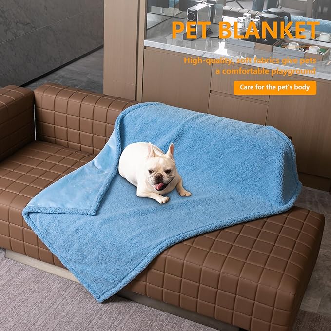 Maidewow Waterproof Dog Throw Blanket Reversible Fluffy Blue Pet Bed Cover Puppy Blankets Leakproof Sofa Couch Washable Cover Cat Pet Blanket for Warm-Lake Blue,S