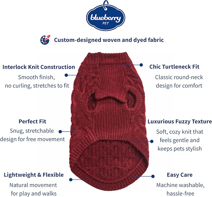 Blueberry Pet Classic Fuzzy Textured Knit Pullover Crew-Neck Dog Sweater in Burgundy Red, Back Length 22", Pack of 1 Clothes for Dogs