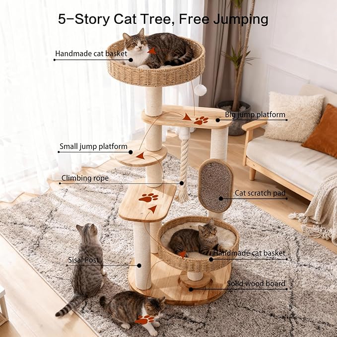 JLDUQKUM Wooden Cat Tree for Large Cat, Tall Cat Tower with Scratching Post for Indoor Cats, Multi-Level Cat Condo with Hand-Woven Cat Bed and Scratching Board Easy to Clean (48IN)