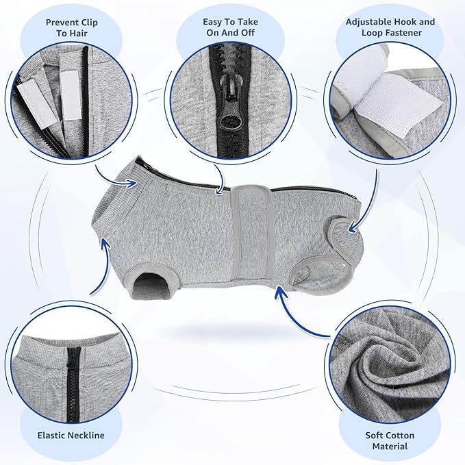 SlowTon Dog Surgery Recovery Suit - Zipper On Dog Onesies After Surgery for Female Male Dogs, Abdominal Wounds Bandages Cone/E-Collar Alternative Dogs Surgical Body Suit Anti-Licking (Grey, S)