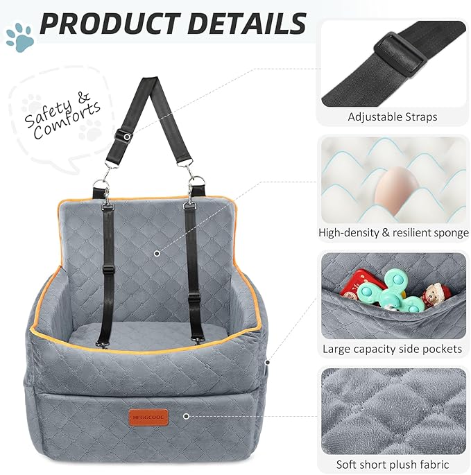 Dog Car Seat for Small Medium Dogs, Memory Foam Puppy Dog Booster Seat with Thick Cushion for Dogs Under 35lbs, Detachable Washable Pet Car Seat Travel Bed with Storage Pockets,2 Safety Belts