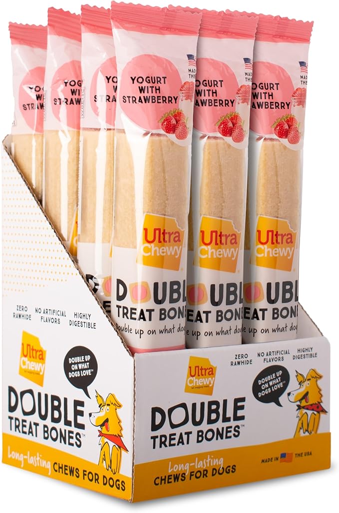 Ultra Chewy Yogurt with Strawberry Double Treat Bones: Long-Lasting Dog Treats Made in USA for Large and Small Breeds, Highly Digestible (12 Count)