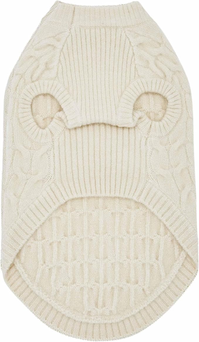 Blueberry Pet Classic Fuzzy Textured Knit Pullover Crew-Neck Dog Sweater in Ivory, Back Length 14", Pack of 1 Clothes for Dogs