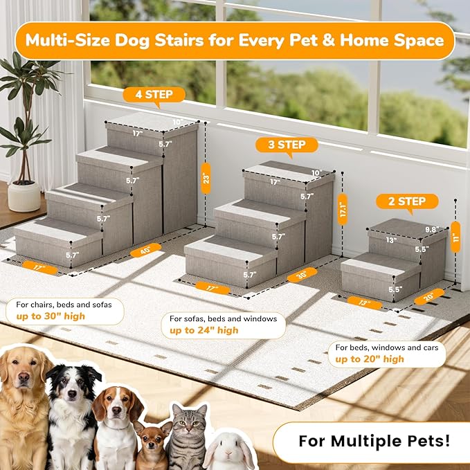 Fecuria 2-Step Wide Dog Stairs with Storage 11" H, Non-Slip Sturdy Pet Steps for Couch Chair, Dog Steps for Small/Medium Old Dogs, Cats, Rabbits Up to 150lbs, Foldable Cat Puppy Stairs for Car, Grey