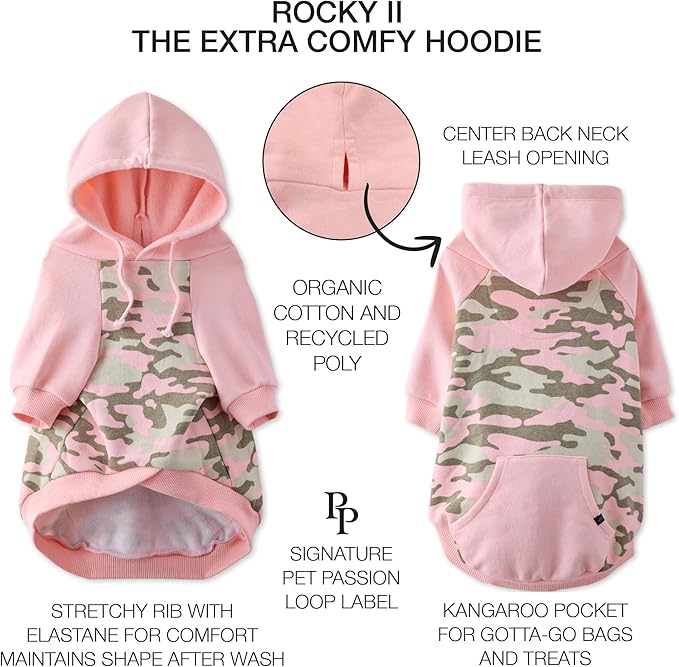 Rocky II - The Extra Comfy Hoodie, Organic Cotton and Recycled Poly Dog Hoodie Pet Coat Sweater for Small, Medium, Large Dogs, Pink Half Camo, XXX-Small (up to 5lbs)